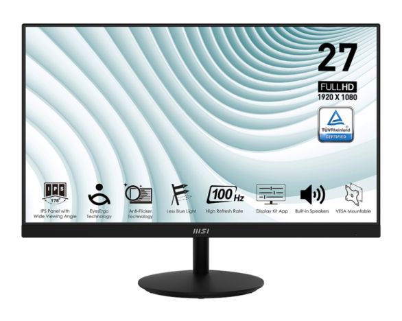 Монитор MSI PRO MP271A, 27", 1ms, 100Hz, IPS, 1920x1080 (FHD), 16:9, FLAT, Display Kit App, Adaptive-Sync, EyesErgo, Less Blue Light, 108% SRGB, AG, 300 nits, 1000:1, DP(1.2a), HDMI 1.4b, VGA, Line-in, Speakers 2x2W, Tilt, VESA, Black, 3.9kg