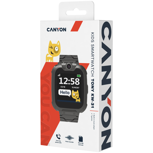 CANYON Tommy KW-31, Kids smartwatch, 1.54 inch colorful screen, Camera 0.3MP, Mirco SIM card, 32+32MB, GSM(850/900/1800/1900MHz), 7 games inside, 380mAh battery, compatibility with iOS and android, Black, host: 54*42.6*13.6mm, strap: 230*20mm, 45g