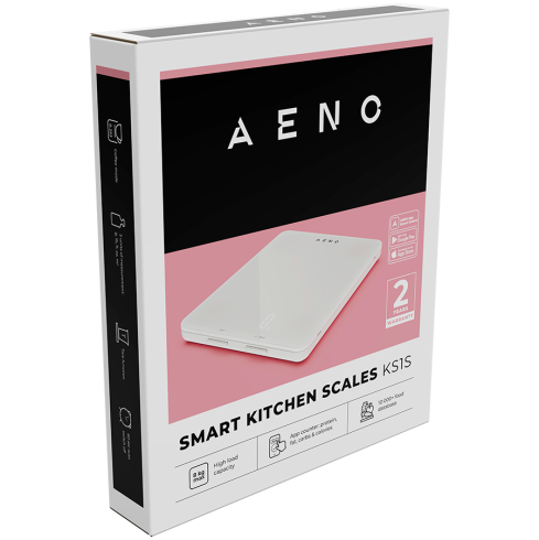 AENO Kitchen Scale KS1S Smart, Max load - 8 kg, Bluetooth, 10,000+ products & meals, 25 indicators analysis, Coffee mode, 6 unit conversion: kg, g, lb, fl, oz, ml, Material - glass
