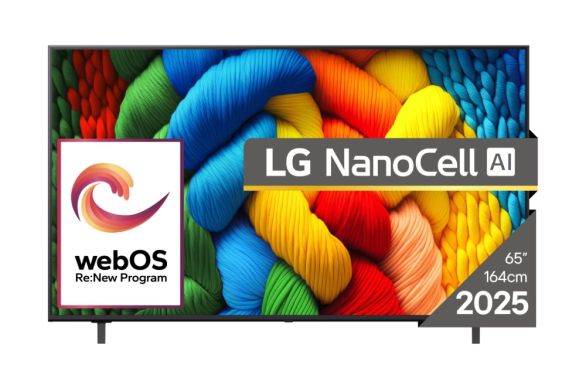 Телевизор LG 65NANO80A3B, 65" 4K HDR Smart Nano Cell TV, 3840x2160, DVB-T2/C/S2, AI Alpha 7, HDR 10 PRO, webOS 25, ThinQ AI, VRR, ALLM, HGiG, WiFi, Clear Voice, AI Upscaling, Bluetooth, Hdmi e-ARC , CI, LAN, AirPlay2, Chromecast, 2 Pole stand, Black