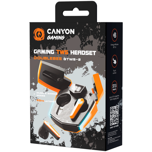 CANYON GTWS-2, Gaming True Wireless Headset, BT 5.3 stereo, 45ms low latency, 37.5 hours, USB-C, 0.046kg, orange