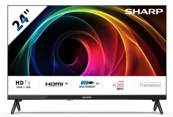 Телевизор Sharp 24HA1205E, 24" LED HD 1366x768 Frameless, 100 000:1, DVB-T/T2/C/S/S2, Active Motion 100, Speaker 2x3W, Dolby Digital, CI+, 3xHDMI (ARC/CEC), 2xUSB, LAN, Video/Audio input (3 x RCA), Hotel Mode, E, 2 pole Stand