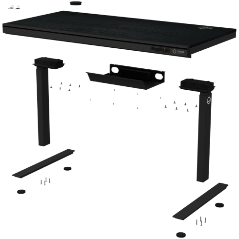 Dual-motor sit/stand adjustable-height gaming desk with wireless charger, RGB lighting, control panel, and USB ports, solid wooden tabletop, black.
