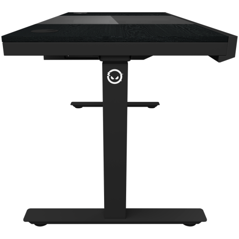 Dual-motor sit/stand adjustable-height gaming desk with built-in PC case, wireless charger, RGB lighting, control panel, and USB ports, wooden tabletop, black.