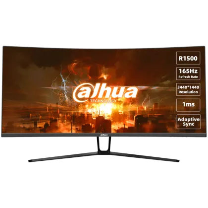 Dahua LM34-E330C Curved Gaming Monitor, 34" UWQHD (3440x1440), VA, 165Hz, 350 nits, 120% sRGB, 21:9, 3000:1, 178°/178°, 1ms, VESA, 2x DP 1.4, 2x HDMI 2.0, 1x Audio out, DC 12V, 2A, 78W.