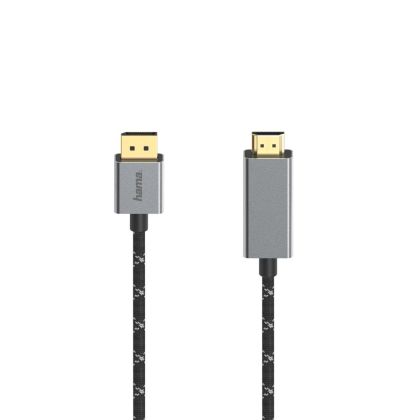 HAMA Kablosu, DisplayPort erkek - HDMI erkek, Ultra-HD, 4K@60 Hz, 1,5 m, Alüminyum, Altın kaplama konektörler, Siyah