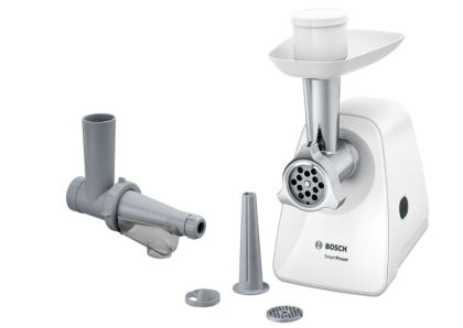 Месомелачка Bosch MFW2515W, Meat mincer, SmartPower Meat mincer from SmartPower range: 1500W, 1,7 kg/min, 2 sieves, 1 sausage horn, fruit press attachment, no reverse, white