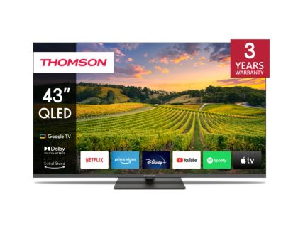 Television Thomson Smart QLED TV 43"; Google TV; 3840 x 2160 (4K UHD), 4000:1, QLED, 60 Hz, DVB-T/T2/C/S/S2, HDR10, Hotel mode, Wi-Fi, Bluetooth, LAN, HDMI 2 (2.0) + 2 (2.1), USB 2 (2.0) + 1 (3.0), Central Swivel Stand, Dark gray