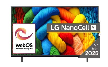 TV LG 50NANO80A3B, 50" 4K HDR Smart Nano Cell TV, 3840x2160, DVB-T2/C/S2, AI Alpha 7, HDR 10 PRO, webOS 25, ThinQ AI, VRR, ALLM, HGiG, WiFi, Clear Voice, AI Upscaling, Bluetooth, Hdmi e-ARC , CI, LAN, AirPlay2, Chromecast, 2 Pole stand, Black