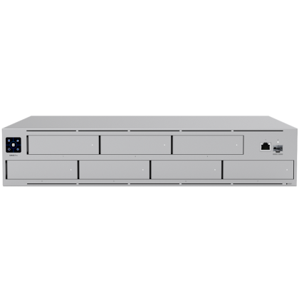 Ubiquiti UNAS-Pro-EU 2U rack-mount NAS with (7) 2.5/3.5" drive bays and 10 Gbps performance designed for large-scale file storage and sharing, (7) 2.5/3.5" HDD / SSD support, 10G SFP+ uplink and (1) GbE RJ45 port
