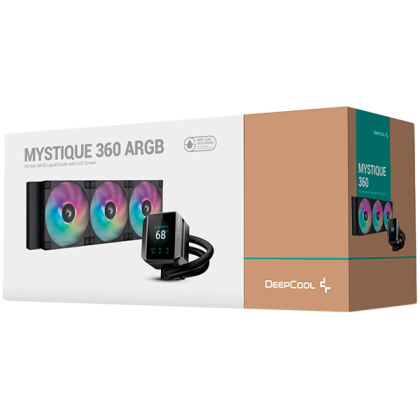 DeepCool MYSTIQUE 360 ARGB, 360mm CPU Liquid Cooler, 2.8" LCD screen, 3x120mm ARGB PWM Fans, Addressable RGB LED, Fluid Dynamic Bearing, Black, Intel LGA1851/1700/1200/1151/1150/1155, AMD AM5/AM4, R-LX750-BKADSNC-G-1