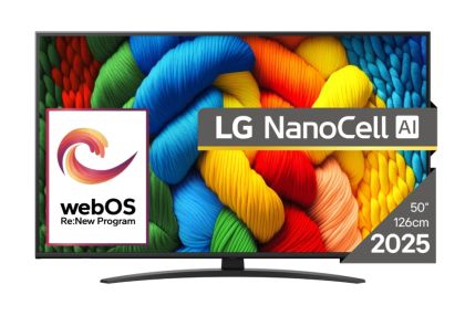 Телевизор LG 50NANO81A3A, 50" 4K HDR Smart Nano Cell TV, 3840x2160, DVB-T2/C/S2, AI Alpha 7, HDR 10 PRO, webOS 25, ThinQ AI, VRR, ALLM, HGiG, WiFi, Clear Voice, AI Upscaling, Bluetooth, Hdmi e-ARC , CI, LAN, AirPlay2, Chromecast, 2 Pole stand, Black