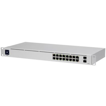Ubiquiti USW-16-PoE 16-port Layer 2 PoE switch, 8 x GbE PoE+, 8 x GbE ports, 2 x 1G SFP ports, 42W total PoE Power, fanless, silent cooling, ESD/EMP protection, 1.3" touchscreen LCM display , Rackmount (Kit included)