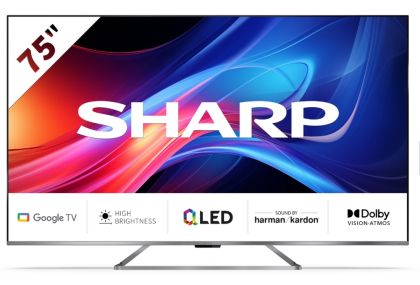Телевизор Sharp 75GP7265E, 75" QLED Google TV, 4K Ultra HD 3840x2160 Frameless, AQUOS, DVB-T/T2/C/S/S2, Active Motion 1200, HDR10, Dolby Atmos, Dolby Vision, Google Assistant, HARMAN/KARDON, Chromecast Built-in, HDMI 2.1 with eARC, Aluminium finish, USB, 