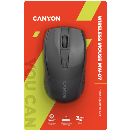 CANYON MW-7, 2.4Ghz wireless mouse, 6 buttons, DPI 800/1200/1600, with 1 AA battery ,size 110*60*37mm,58g,black