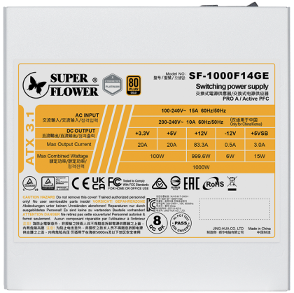 Super Flower Leadex III Gold 1000W ATX 3.1 80 Plus Gold, Fully Modular, Flat White Cables, 140mm Fan, White, 7 Year Warranty