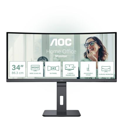 Монитор AOC CU34P3CV, 34" VA WLED, Curved 1500R, 3440x1440@100Hz, 4ms GtG, 1ms MPRT, 300cd m/2, DCR 3000:1, 50M:1, AdaptiveSync, FlickerFree, Low Blue Light, 5Wx2, Tilt, Height Adjust, Swivel, HDMI, DP, USB hub