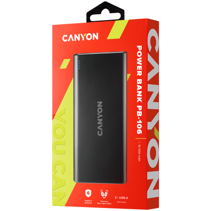 CANYON PB-106, Power bank 10000mAh Li-poly battery, Input 5V/2A, Output 5V/2.1A(Max), USB cable length 0.3m, 140*68*16mm, 0.24Kg, Black