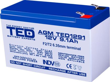 Оловна батерия TED ELECTRIC, AGM, 12V, 9Ah , 151/ 65/ 94 mm, Терминал2