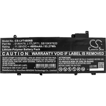 Батерия за лаптоп CAMERON SINO, За LENOVO ThinkPad T480s, L17L3P71, 11.58V, 4600mAh