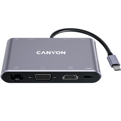 CANYON DS-14, 8 in 1 USB C hub, with 1*HDMI: 4K*30Hz, 1*VGA, 1*Type-C PD charging port, Max 100W PD input. 3*USB3.0, transfer speed up to 5Gbps. 1*Glgabit Ethernet, 1*3.5mm audio jack, cable 15cm, Aluminum alloy housing, 95*55*17.6 mm, 107g, Dark gray