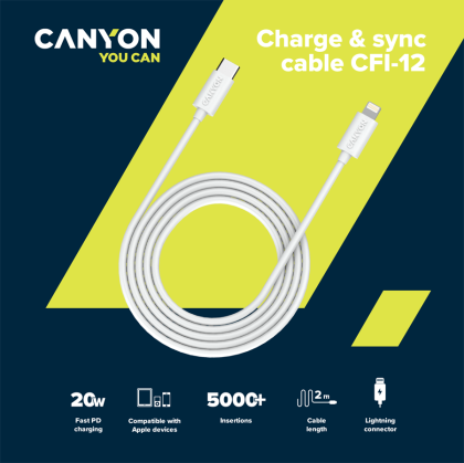 CANYON СFI-12, cable Type C to lightning, 5V3A, 9V2.22A, PD20W, power cord:18AWG*4C, Signal cord:28AWG*4C, data transfer speed:30M/s, OD4.5MM,2M, PVC, white , Rohs
