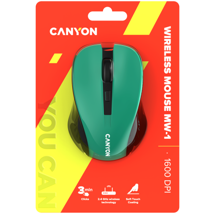 CANYON MW-1 2.4GHz wireless optical mouse with 4 buttons, DPI 800/1200/1600, Green, 103.5*69.5*35mm, 0.06kg