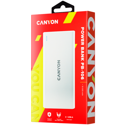 CANYON PB-106, Power bank 10000mAh Li-poly battery, Input 5V/2A, Output 5V/2.1A(Max), USB cable length 0.3m, 140*68*16mm, 0.24Kg, White