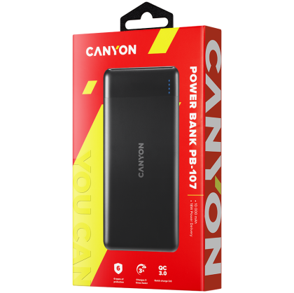 CANYON PB-107, Power bank 10000mAh Li-poly battery, Input Micro/PD 18W(Max), Output PD/QC3.0 18W(Max), quick charging cable 0.3m, 144*68*16mm, 0.25kg, Black