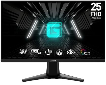 Монитор MSI G255F, 24.5", Rapid IPS, 180Hz, 1ms, 1920x1080 FHD, Anti-glare, Adaptive-sync, Night Vision, Frameless, Anti-Flicker, Less Blue Light, 300 nits, 1000:1, 100M:1, 1x Display Port (1.2a), 2x HDMI (2.0b), Headphone out, Tilt, FRAMELESS