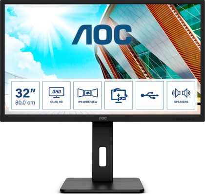 Монитор AOC Q32P2, 31.5" IPS WLED, 2560x1440@75Hz, 4ms GTG, 250cd/m2, 1000:1, 50M:1 DCR, Adaptive Sync, FlickerFree, Low Blue Light, 3Wx2, Tilt, Height Adjust, Pivot, Swivel, 2xHDMI, DP, USB hub