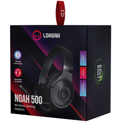 LORGAR Noah 500, Wireless Gaming headset with microphone, JL7006, BT 5.3, battery life up to 58 h (1000mAh), USB (C) charging cable (0.8m), 3.5 mm AUX cable (1.5m), size: 195*185 *80mm, 0.24kg, black