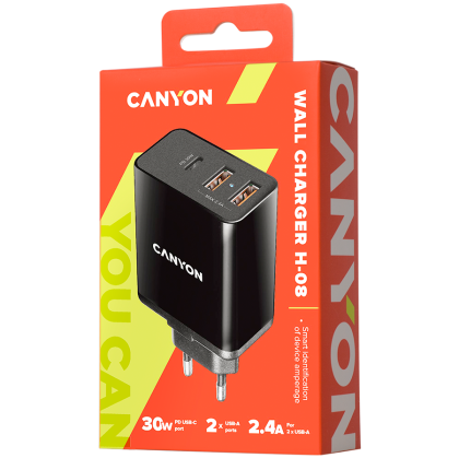 CANYON H-08, Universal 3xUSB AC charger (in wall) with over-voltage protection(1 USB-C with PD Quick Charger), Input 100V-240V, Output USB-A/5V-2.4A+USB-C/PD30W, with Smart IC, Black Glossy Color+orange plastic part of USB, 96.8*52.48*28.5mm, 0.092kg