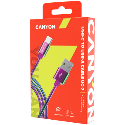 CANYON UC-7, Type C USB 2.0 standard cable, Power output 5V/9V 2A, OD 3.8mm, metal shell, cable length 1.2m, Rainbow, 14*6*1000mm, 0.04kg