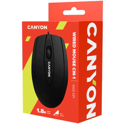 CANYON CM-1, wired optical Mouse with 3 buttons, DPI 1000, Black, cable length 1.8m, 100*51*29mm, 0.07kg