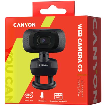 CANYON C3, 720P HD webcam with USB2.0. connector, 360° rotary view scope, 1.0Mega pixels, Resolution 1280*720, viewing angle 60°, cable length 2.0m, Black, 62.2x46.5x57.8mm, 0.074kg