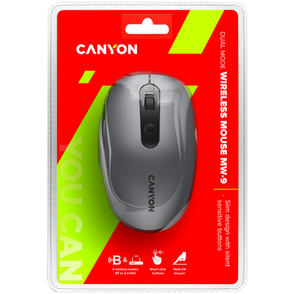 CANYON MW-9, 2 in 1 Wireless optical mouse with 6 buttons, DPI 800/1000/1200/1500, 2 mode(BT/ 2.4GHz), Battery AA*1pcs, Grey, 65.4*112.25*32.3mm, 0.092kg