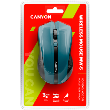 CANYON MW-5, 2.4GHz wireless Optical Mouse with 4 buttons, DPI 800/1200/1600, Blue, 122*69*40mm, 0.067kg