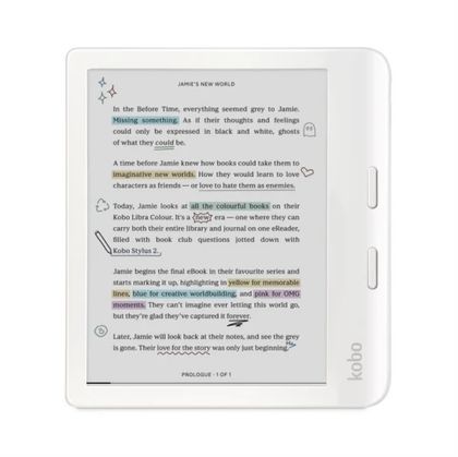 Kobo Libra Color e-Book Reader, E Ink Kaleido touchscreen 7 inch, 1680 x 1264, 32 GB, 2 GHz, Weight 0.215 kg, Wireless Da, Comfort Light PRO, IPX8 - up to 60 mins in 2 meters of water, 15 file formats supported natively, White