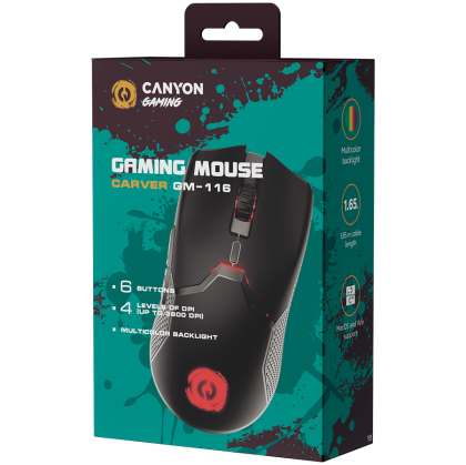 CANYON Carver GM-116, 6keys Gaming wired mouse, A603EP sensor, DPI up to 3600, rubber coating on panel, Huano 1million switch, 1.65M PVC cable, ABS material. size: 130*69*38mm, weight: 105g, Black