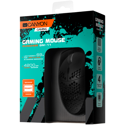 CANYON Puncher GM-11, Gaming Mouse with 7 programmable buttons, Pixart 3519 optical sensor, 4 levels of DPI and up to 4200, 5 million times key life, 1.65m Ultraweave cable, UPE feet and colorful RGB lights, Black, size:128.5 x67x37.5mm, 105g