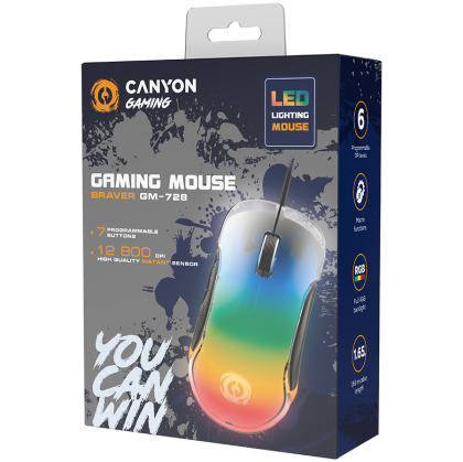 CANYON Braver GM-728, Optical Crystal gaming mouse, Instant 825, ABS material, huanuo 10 million cycle switch, 1.65M TPE cable with magnet ring, weight: 114g, Size: 122.6*66.2*38.2mm, Black