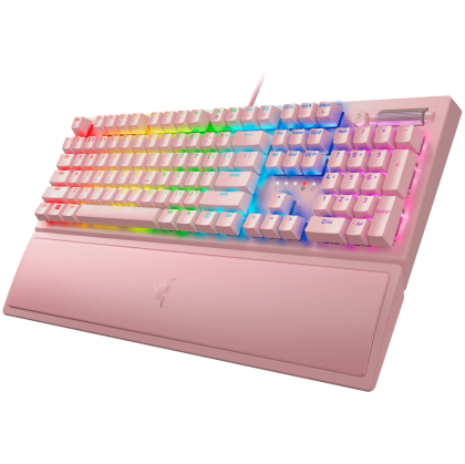 BlackWidow V3 (Green Switch) - US Layout - Quartz (pink),  Tactile and Clicky, Full size, Razer Chroma™ backlighting with 16.8 million customizable color options, Wrist rest, 80 million keystroke lifespan,Multi-function digital roller, Aluminum