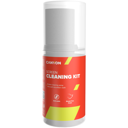 CANYON CCL31, Cleaning Kit, Screen Cleaning Spray + microfiberSpray for screens and monitors, complete with microfiber cloth. Shrink wrap, 200ml + 18x18 cm microfiber, 55x55x145mm 0.208kg