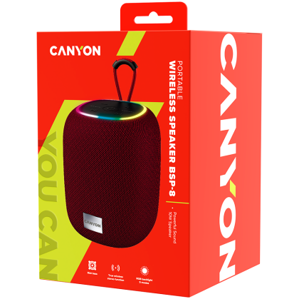 CANYON BSP-8, Bluetooth Speaker, BT V5.2, BLUETRUM AB5362B, TF card support, Type-C USB port, 1800mAh polymer battery, Max Power 10W, Red, cable length 0.50m, 110*110*135mm, 0.57kg