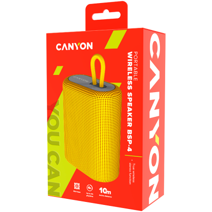 CANYON BSP-4, Bluetooth Speaker, BT V5.0, BLUETRUM AB5365A, TF card support, Type-C USB port, 1200mAh polymer battery, Yellow, cable length 0.42m, 114*93*51mm, 0.29kg