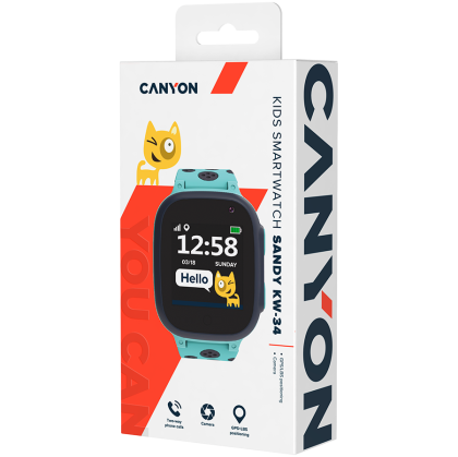 CANYON Sandy KW-34, Kids smartwatch, 1.44 inch colorful screen, GPS function, Nano SIM card, 32+32MB, GSM(850/900/1800/1900MHz), 400mAh battery, compatibility with iOS and android, Blue, host: 52.9 *40.3*14.8mm, strap: 230*20mm, 42g