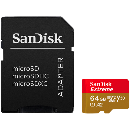 SanDisk Extreme microSDXC 64GB + SD Adapter + 1 year RescuePRO Deluxe up to 170MB/s & 80MB/s Read/Write speeds A2 C10 V30 UHS-I U3, EAN: 619659193409