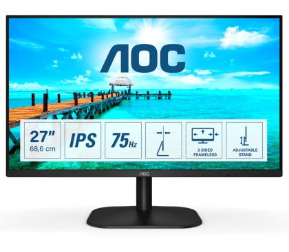 Монитор AOC 27B2DA, 27" IPS WLED, 1920x1080@75Hz, 4ms GtG, 250cd/m2, 1000:1. DC20M:1, Adaptive Sync, FlickerFree, Low Blue Light, 2Wx2, Tilt, D-SUB, DVI, HDMI