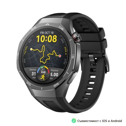 Часовник Huawei Watch GT5 Pro Vili-B29F, 1.43", Amoled, 466x466, PPI 326, BT5.2, BLE/BR/EDR, 524mAh, 40-meter free diving, HUAWEI TruSense System, ECG analysis, Battery life up to 14 days, Compatible with iOS and Android devices, Black Fluoroelastomer